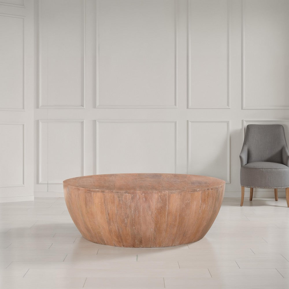 Arthur Drum Shape Wooden Coffee Table with Plank Design Base, Distressed Brown - UPT-32182