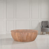 Arthur Drum Shape Wooden Coffee Table with Plank Design Base, Distressed Brown - UPT-32182