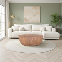 Arthur Drum Shape Wooden Coffee Table with Plank Design Base, Distressed Brown - UPT-32182