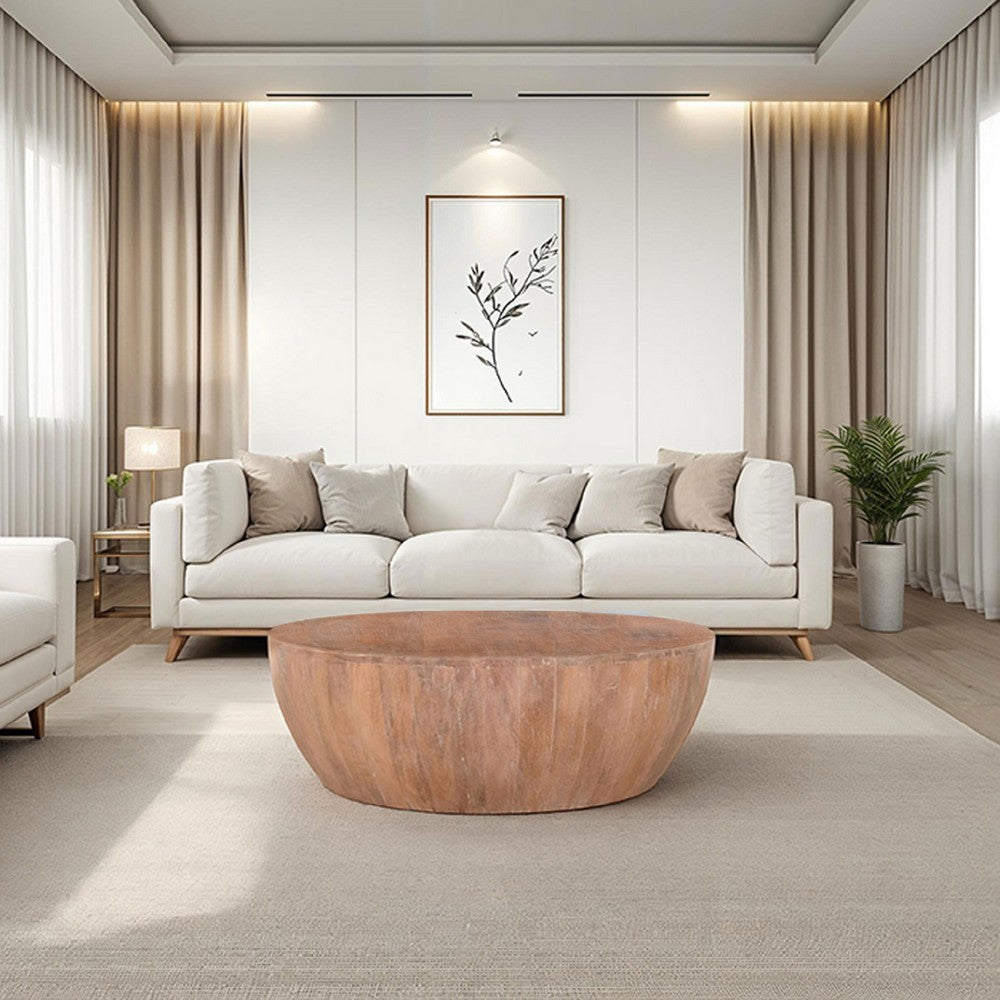 Arthur Drum Shape Wooden Coffee Table with Plank Design Base, Distressed Brown - UPT-32182
