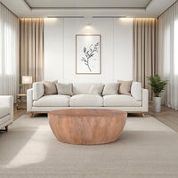 Arthur Drum Shape Wooden Coffee Table with Plank Design Base, Distressed Brown - UPT-32182