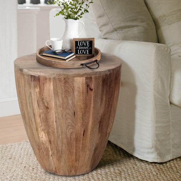 Handcarved Cylindrical Shape Round Mango Wood Distressed Wooden Side End Table, Brown - UPT-32183