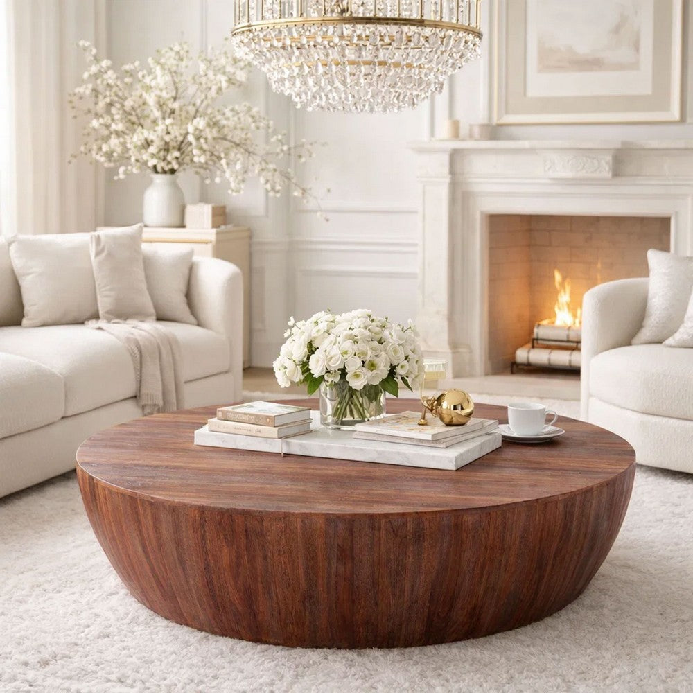 Arthur Handcarved 48 Inch Drum Shape Round Top Mango Wood Distressed Wooden Coffee Table, Brown- UPT-32184