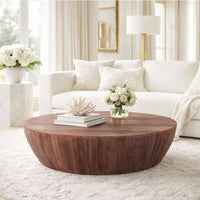 Arthur Handcarved 48 Inch Drum Shape Round Top Mango Wood Distressed Wooden Coffee Table, Brown- UPT-32184