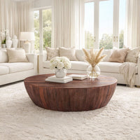 Arthur Handcarved 48 Inch Drum Shape Round Top Mango Wood Distressed Wooden Coffee Table, Brown- UPT-32184