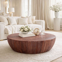 Arthur Handcarved 48 Inch Drum Shape Round Top Mango Wood Distressed Wooden Coffee Table, Brown- UPT-32184