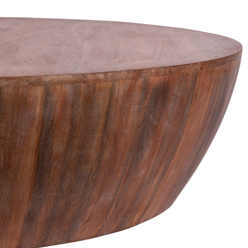 Arthur Handcarved 48 Inch Drum Shape Round Top Mango Wood Distressed Wooden Coffee Table, Brown- UPT-32184