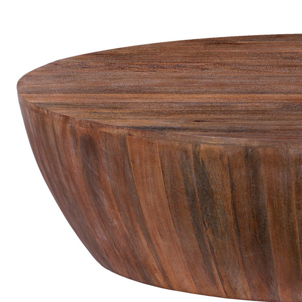 Arthur Handcarved 48 Inch Drum Shape Round Top Mango Wood Distressed Wooden Coffee Table, Brown- UPT-32184