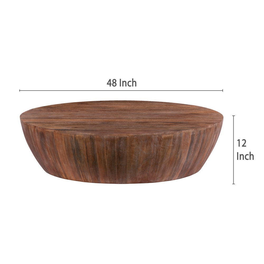 Arthur Handcarved 48 Inch Drum Shape Round Top Mango Wood Distressed Wooden Coffee Table, Brown- UPT-32184
