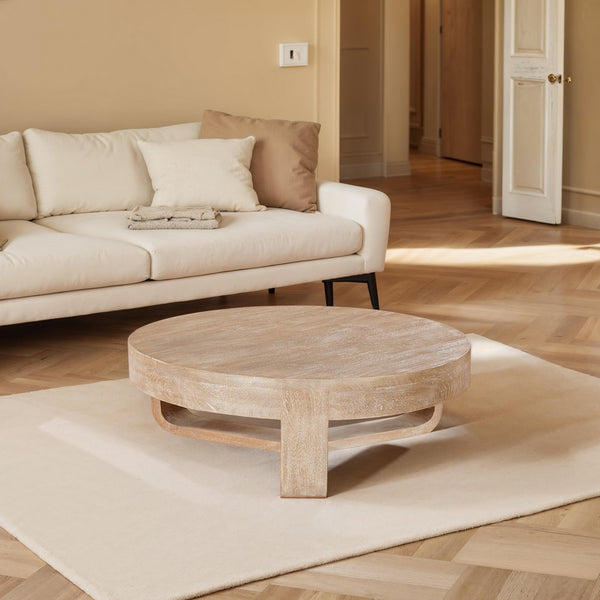 Milan Coffee Table, 32 Inch Round Top, Mango Wood with Sandblasted Natural Brown, Open Sled Base - UPT-324416