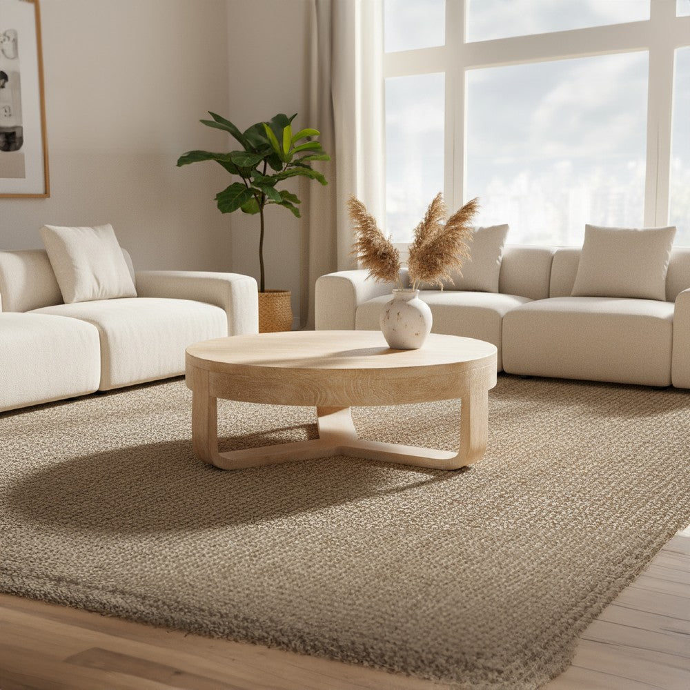 Milan Coffee Table, 32 Inch Round Top, Mango Wood with Sandblasted Natural Brown, Open Sled Base - UPT-324416