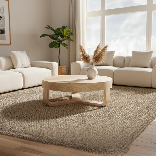 Milan Coffee Table, 32 Inch Round Top, Mango Wood with Sandblasted Natural Brown, Open Sled Base - UPT-324416