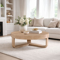 Milan Coffee Table, 32 Inch Round Top, Mango Wood with Sandblasted Natural Brown, Open Sled Base - UPT-324416
