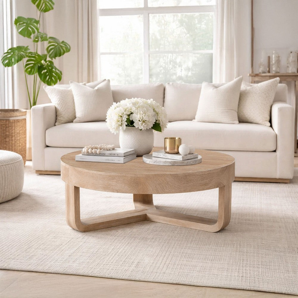 Milan Coffee Table, 32 Inch Round Top, Mango Wood with Sandblasted Natural Brown, Open Sled Base - UPT-324416