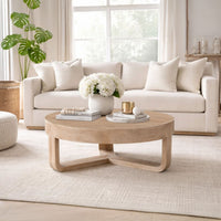 Milan Coffee Table, 32 Inch Round Top, Mango Wood with Sandblasted Natural Brown, Open Sled Base - UPT-324416