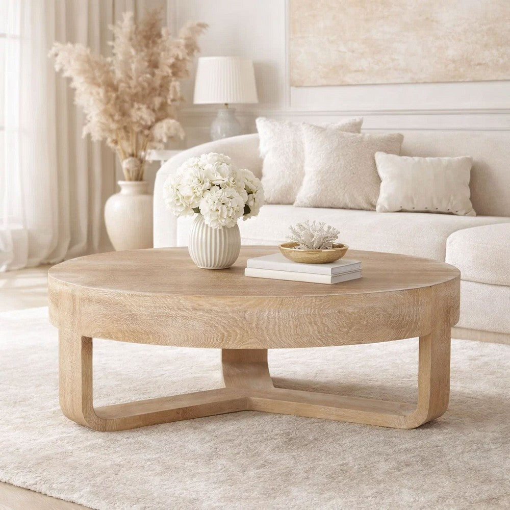 Milan Coffee Table, 32 Inch Round Top, Mango Wood with Sandblasted Natural Brown, Open Sled Base - UPT-324416