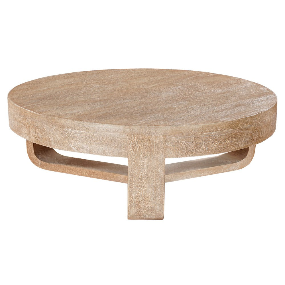 Milan Coffee Table, 32 Inch Round Top, Mango Wood with Sandblasted Natural Brown, Open Sled Base - UPT-324416
