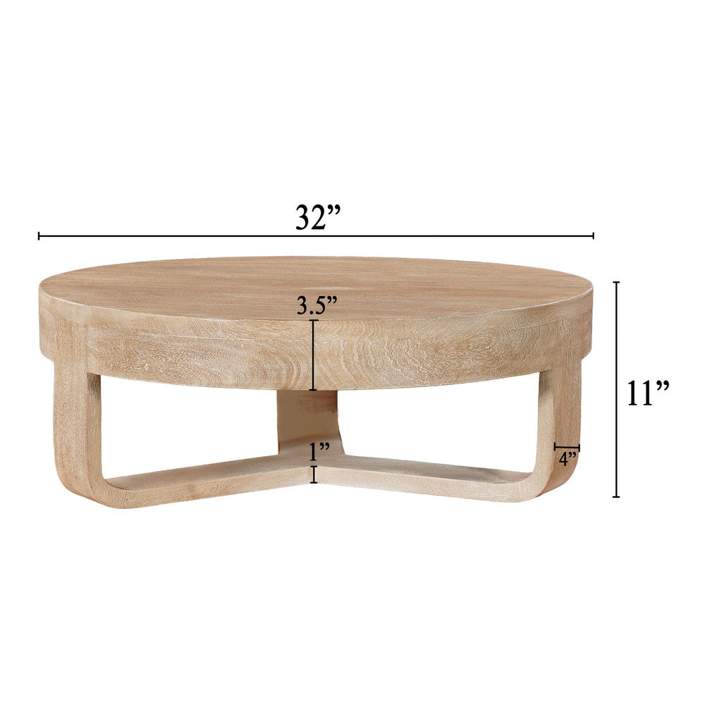 Milan Coffee Table, 32 Inch Round Top, Mango Wood with Sandblasted Natural Brown, Open Sled Base - UPT-324416