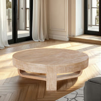 Milan Coffee Table, 32 Inch Round Top, Mango Wood with Sandblasted Natural Brown, Open Sled Base - UPT-324416