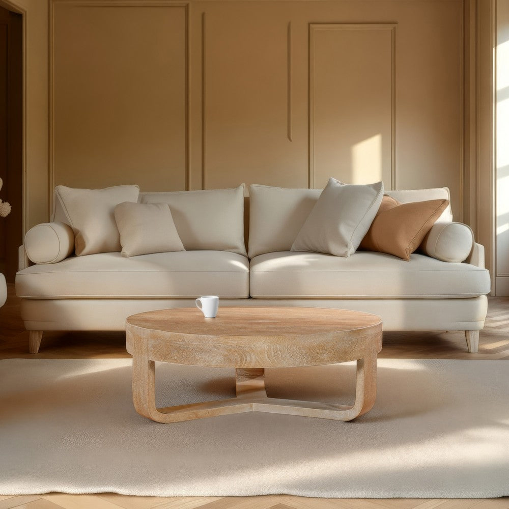 Milan Coffee Table, 32 Inch Round Top, Mango Wood with Sandblasted Natural Brown, Open Sled Base - UPT-324416