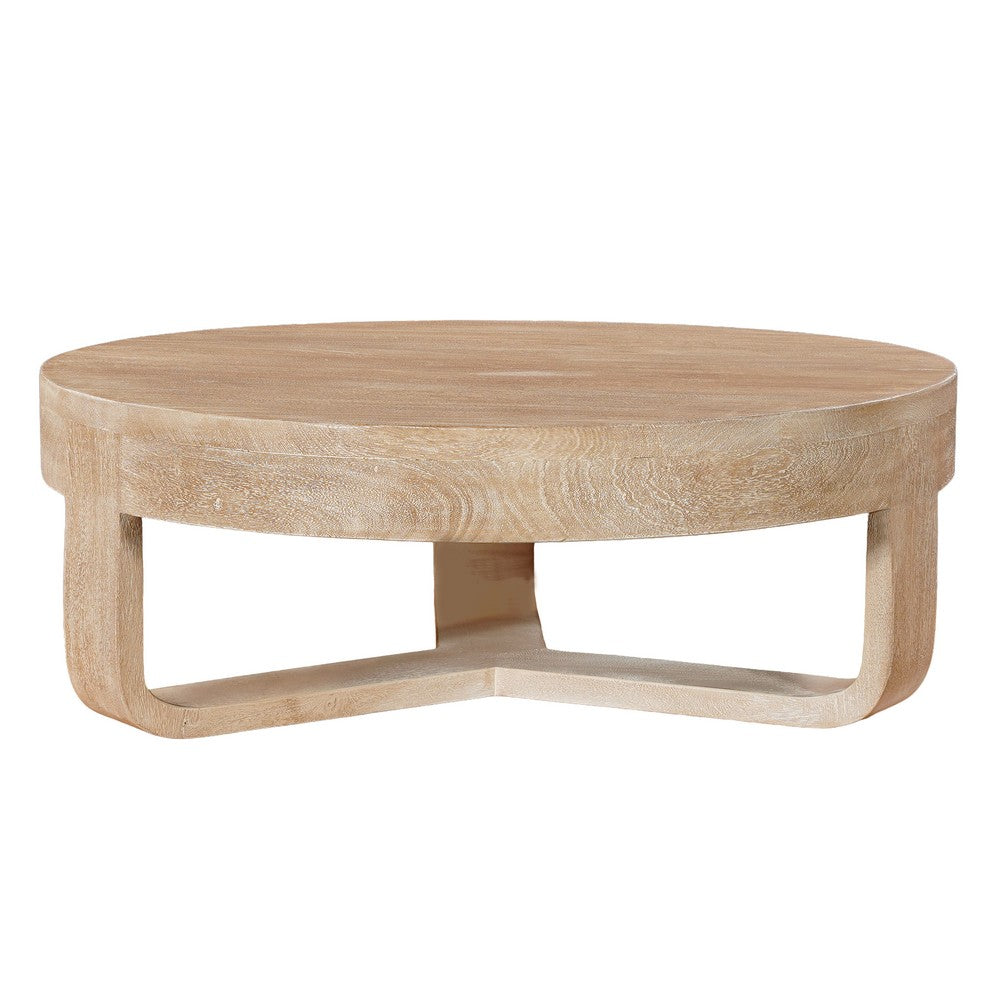 Milan Coffee Table, 32 Inch Round Top, Mango Wood with Sandblasted Natural Brown, Open Sled Base - UPT-324416