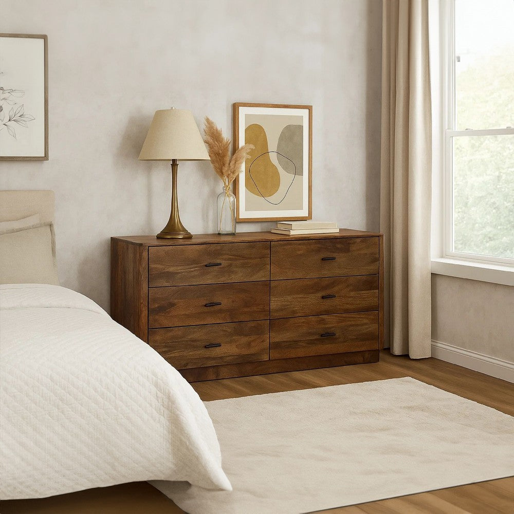 Tao 6 Drawers Dresser, Mango Wood, Walnut Finish, 60" - UPT-326509