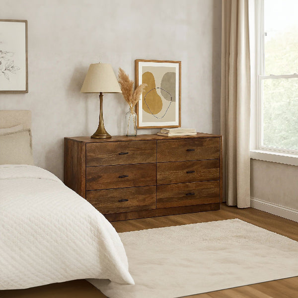 Tao 6 Drawers Dresser, Mango Wood, Walnut Finish, 60" - UPT-326509