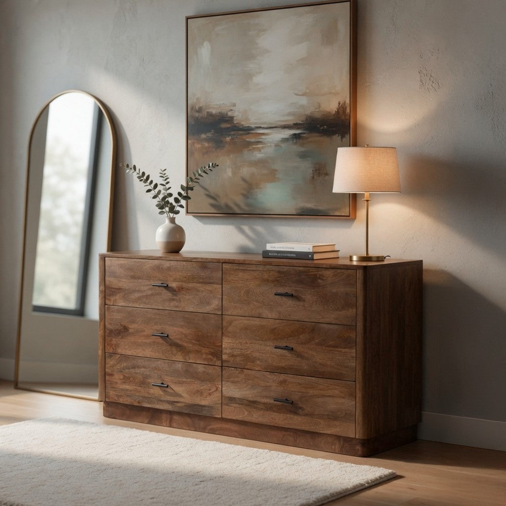 Tao 6 Drawers Dresser, Mango Wood, Walnut Finish, 60" - UPT-326509
