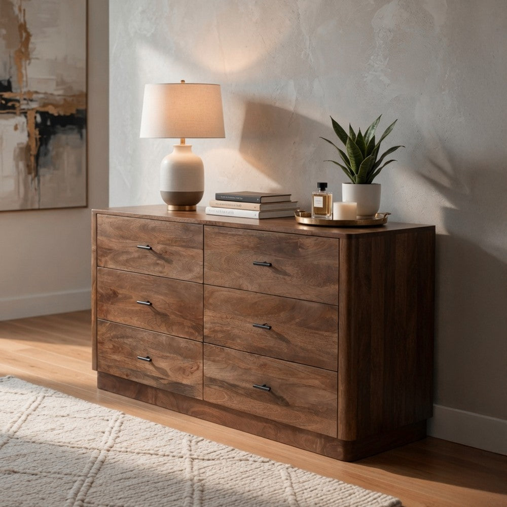Tao 6 Drawers Dresser, Mango Wood, Walnut Finish, 60" - UPT-326509