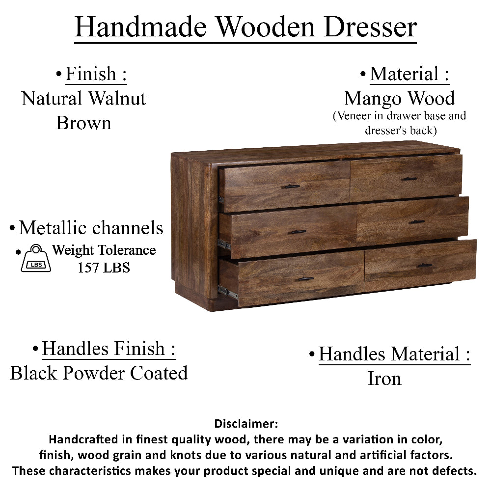 Tao 6 Drawers Dresser, Mango Wood, Walnut Finish, 60" - UPT-326509