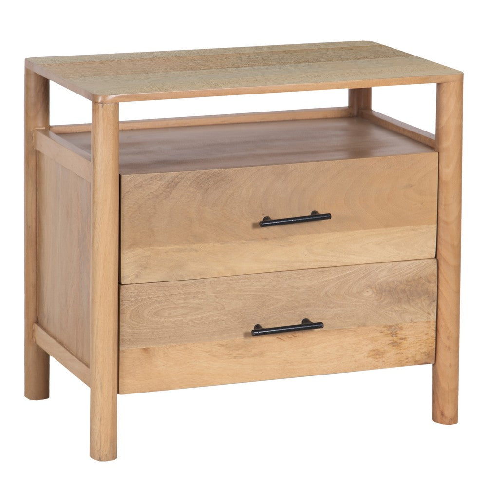 Geti 29 Inch Bedside Nightstand Table, Handcrafted Natural Oak White Mango Wood, 2 Drawer, Open Shelf - UPT-326512