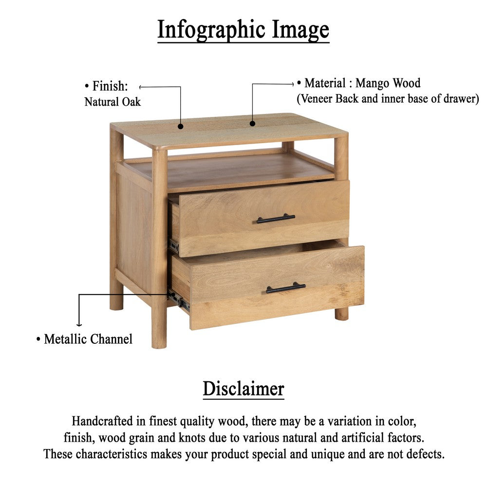 Geti 29 Inch Bedside Nightstand Table, Handcrafted Natural Oak White Mango Wood, 2 Drawer, Open Shelf - UPT-326512