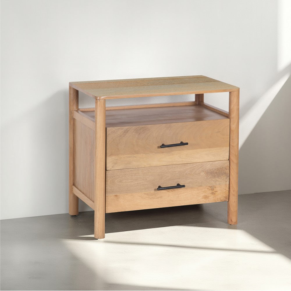 Geti 29 Inch Bedside Nightstand Table, Handcrafted Natural Oak White Mango Wood, 2 Drawer, Open Shelf - UPT-326512