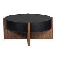 Naufe Coffee Table, 41 Inch Round Matte Black Top, Brown Cross Panel Legs, Mango Wood Frame - UPT-326515