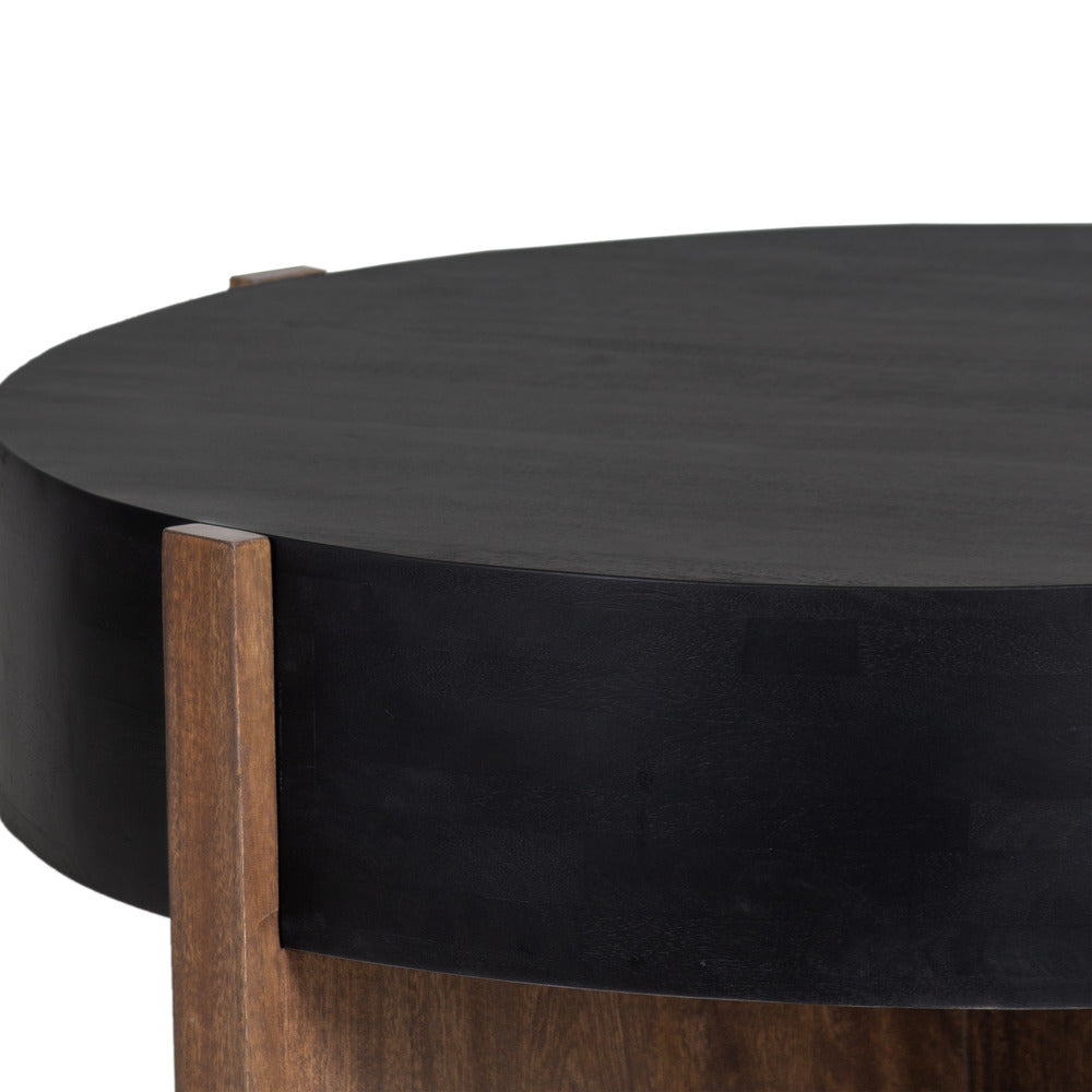 Naufe Coffee Table, 41 Inch Round Matte Black Top, Brown Cross Panel Legs, Mango Wood Frame - UPT-326515
