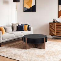 Naufe Coffee Table, 41 Inch Round Matte Black Top, Brown Cross Panel Legs, Mango Wood Frame - UPT-326515
