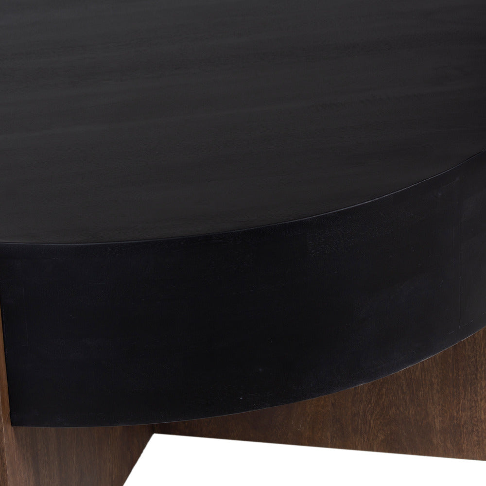 Naufe Coffee Table, 41 Inch Round Matte Black Top, Brown Cross Panel Legs, Mango Wood Frame - UPT-326515