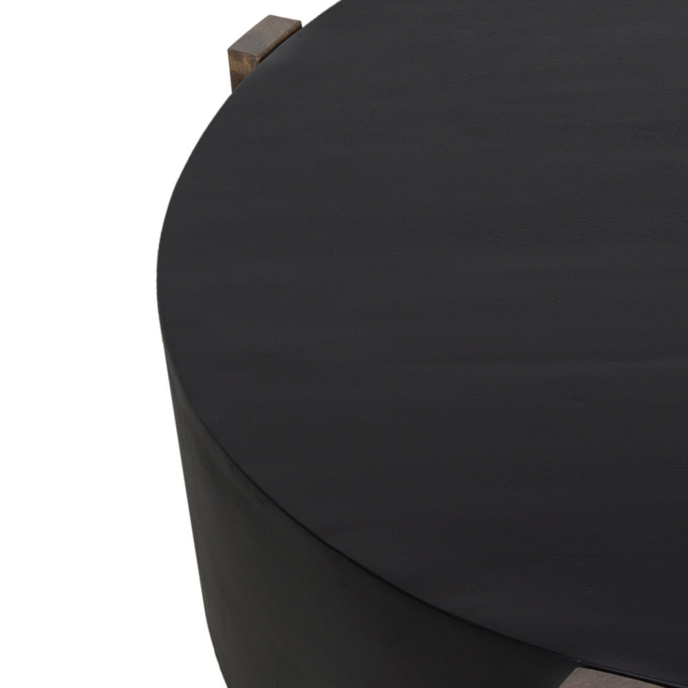 Naufe Coffee Table, 41 Inch Round Matte Black Top, Brown Cross Panel Legs, Mango Wood Frame - UPT-326515