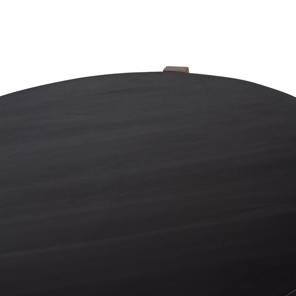 Naufe Coffee Table, 41 Inch Round Matte Black Top, Brown Cross Panel Legs, Mango Wood Frame - UPT-326515