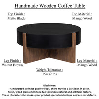 Naufe Coffee Table, 41 Inch Round Matte Black Top, Brown Cross Panel Legs, Mango Wood Frame - UPT-326515