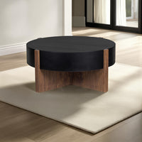 Naufe Coffee Table, 41 Inch Round Matte Black Top, Brown Cross Panel Legs, Mango Wood Frame - UPT-326515