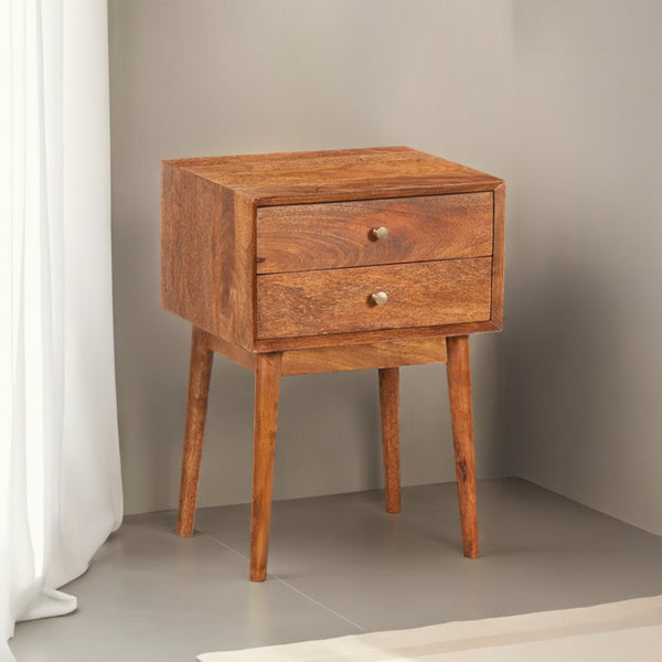 Nali Bedside Nightstand Table, 2 Drawers, Natural Brown Mango Wood, Brass Knobs - UPT-326517