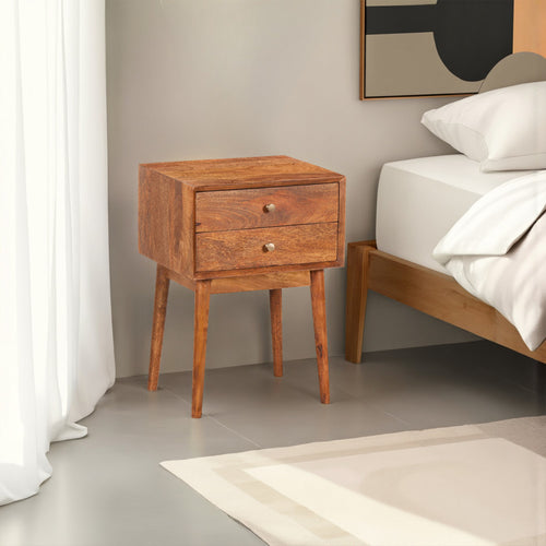 Nali Bedside Nightstand Table, 2 Drawers, Natural Brown Mango Wood, Brass Knobs - UPT-326517