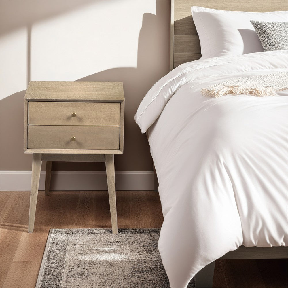 Nali Bedside Nightstand Table, 2 Drawers, Sandblasted Washed Ash White Mango Wood, Brass Knobs - UPT-326518