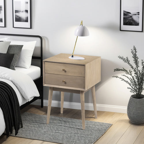 Nali Bedside Nightstand Table, 2 Drawers, Sandblasted Washed Ash White Mango Wood, Brass Knobs - UPT-326518