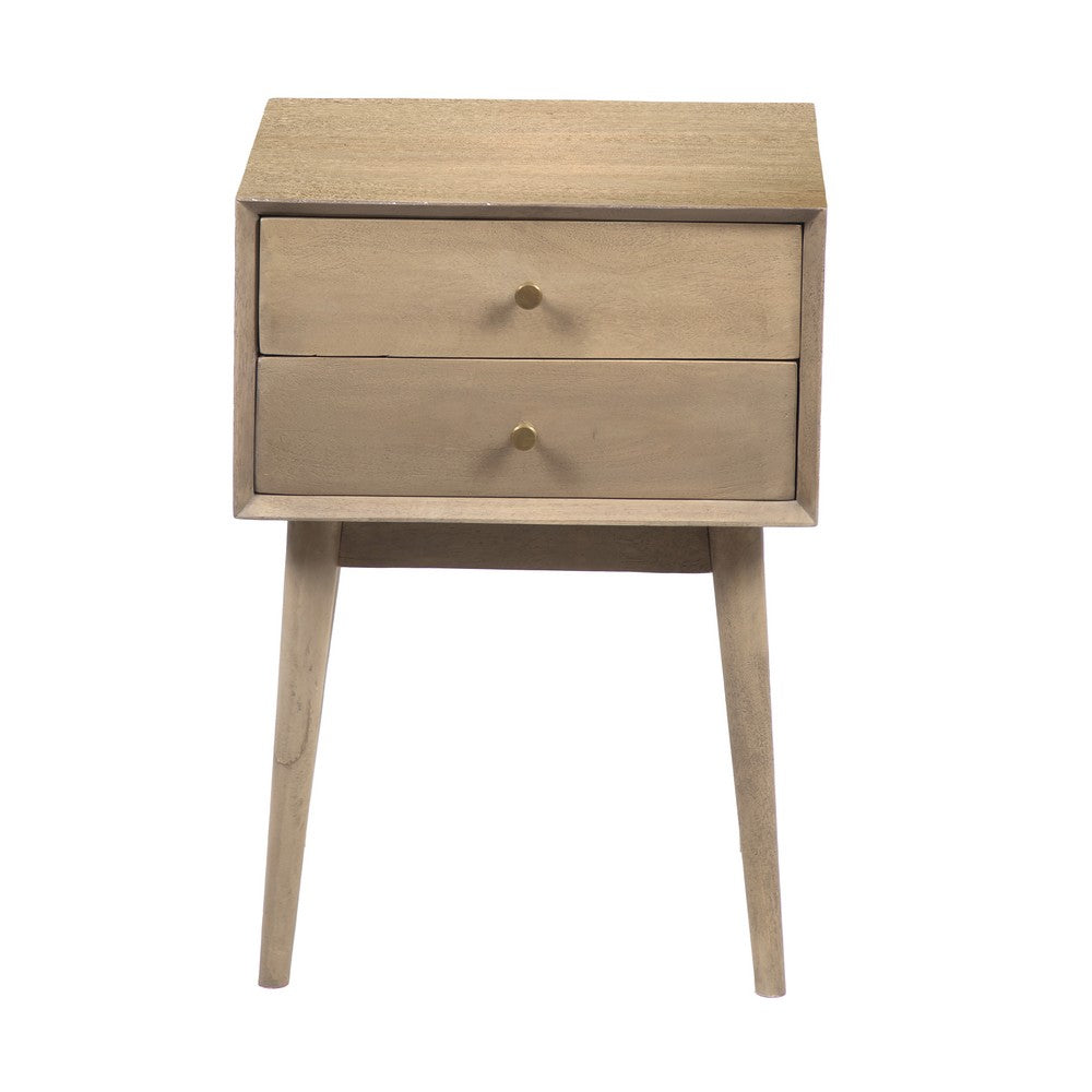 Nali Bedside Nightstand Table, 2 Drawers, Sandblasted Washed Ash White Mango Wood, Brass Knobs - UPT-326518