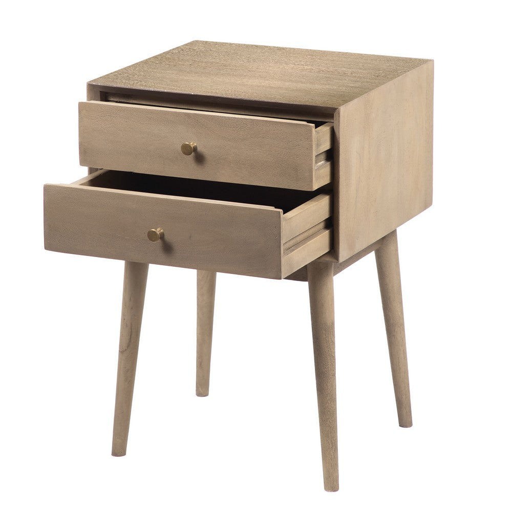 Nali Bedside Nightstand Table, 2 Drawers, Sandblasted Washed Ash White Mango Wood, Brass Knobs - UPT-326518