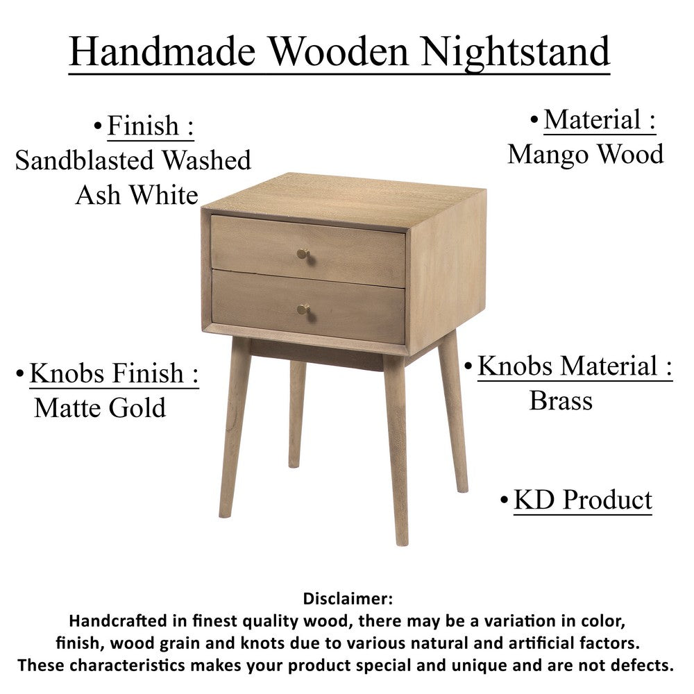 Nali Bedside Nightstand Table, 2 Drawers, Sandblasted Washed Ash White Mango Wood, Brass Knobs - UPT-326518