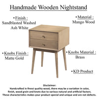 Nali Bedside Nightstand Table, 2 Drawers, Sandblasted Washed Ash White Mango Wood, Brass Knobs - UPT-326518