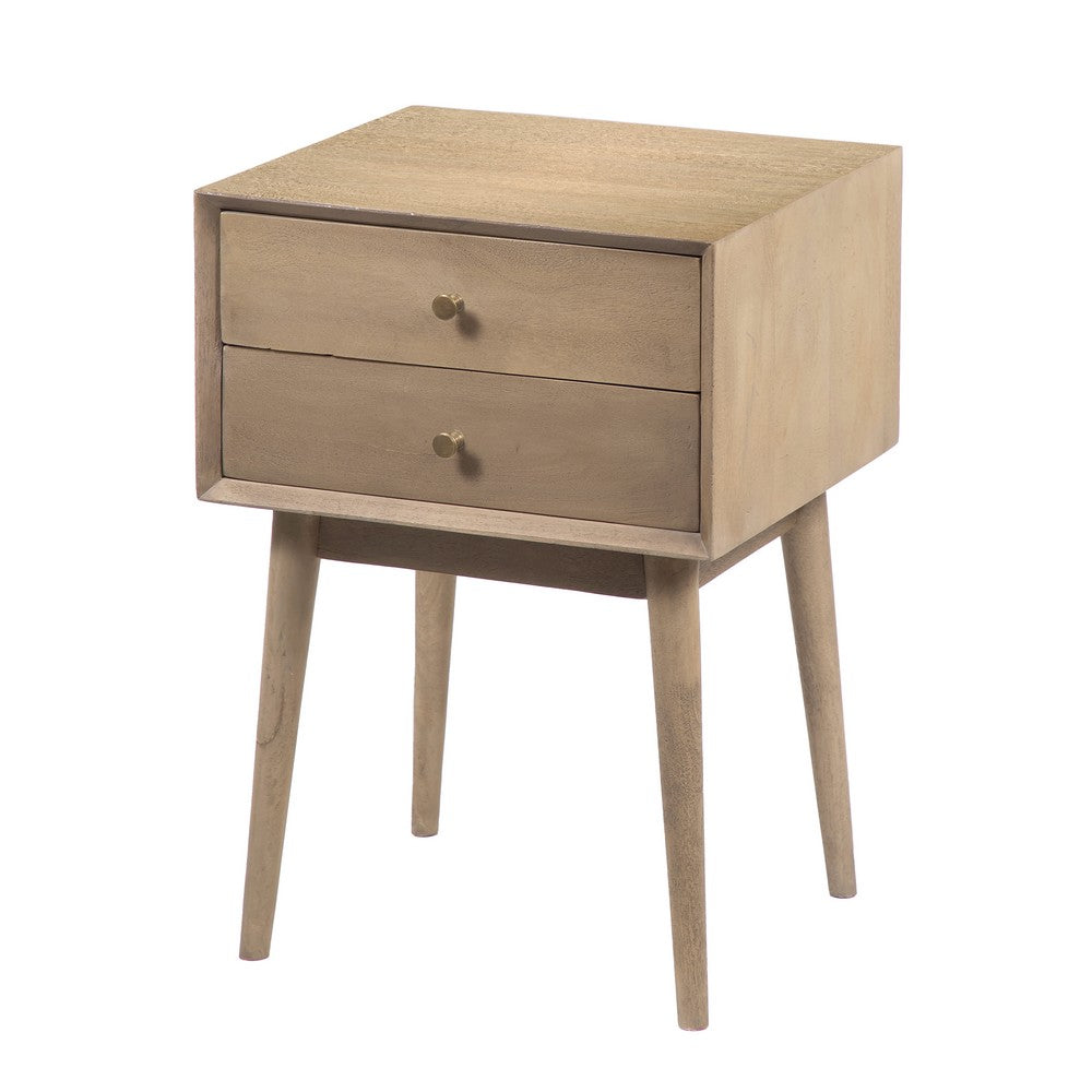 Nali Bedside Nightstand Table, 2 Drawers, Sandblasted Washed Ash White Mango Wood, Brass Knobs - UPT-326518